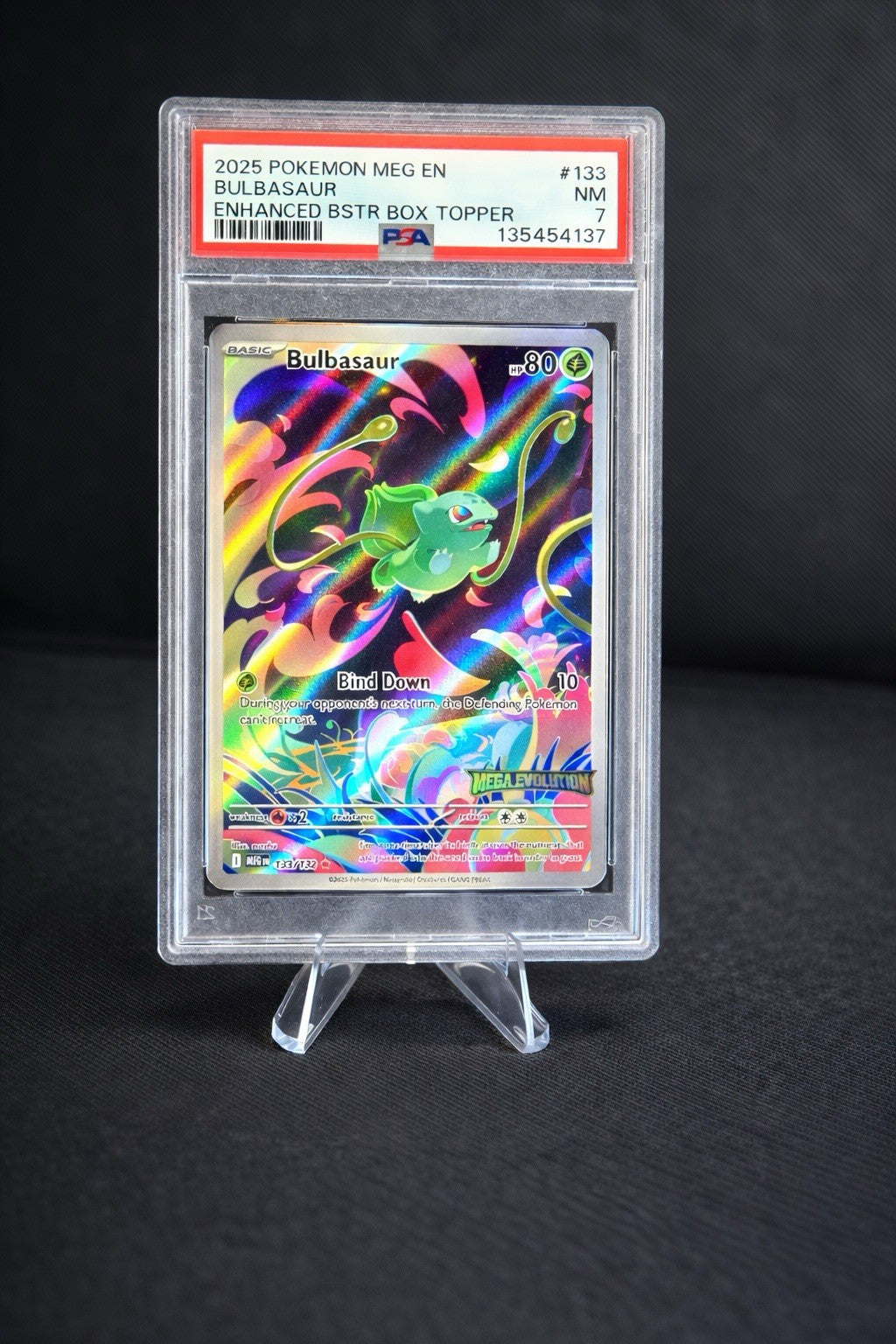 2025 Pokémon Mega Bulbasaur #133 🌈 PSA 7 NM | Enhanced Box Topper